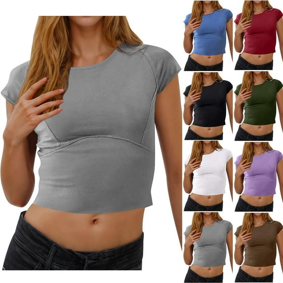 Rciityk Women's Short Sleeve Shirts Basic Slim Fits Crop Tops Solid Color Round Neck Going Out Tops Summer Tight Tees