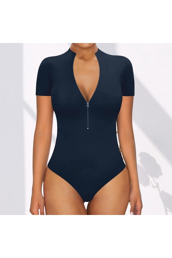 Women's Zipper Short Sleeve Bodysuits Tummys Control Slimming Shapewear V Neck T-shirt Body Shaper