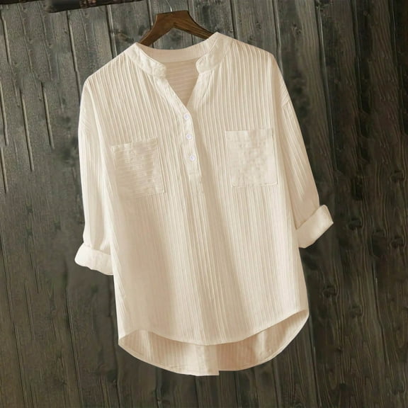 Rciityk Womens Casual Button V Neck Shirts Fall Loose Long Sleeve Shirts Solid Blouses Tops with Pocket