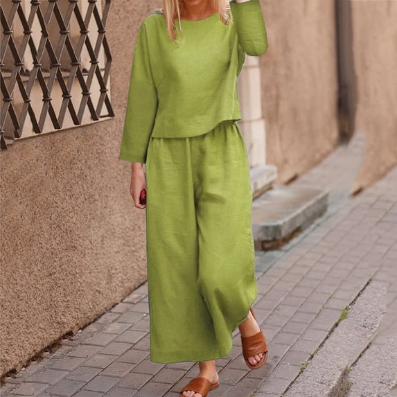 Rciityk Womens Sets 2 Piece Outfits Fall Cotton Linen Casual Crew Neck Solid Long Sleeve Shirts Set Long Pants Suits