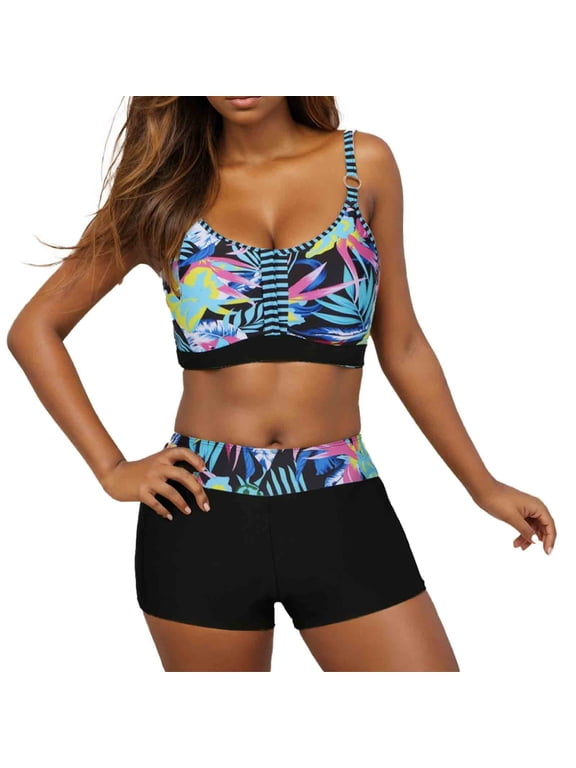 Womens Sport Two Piece Swimsuits Athletic Push Up Bikini Set Summer Casual Beach Swimwear with Boyshorts Bathing Suit
