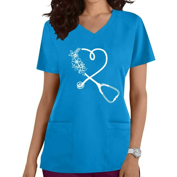 Clearance Rciityk Work Scrub Shirts for Women Summer Short Sleeve V Neck Print Tops Regular Nursing Uniform Tops Medicals Scrub Stretch Tops with Pockets - Spring/Summer Savings Clearance