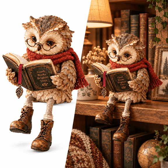 Clearance! Reading Owl Figurine with Book & Round Glasses, Vintage Rustic Shelf Sitter with Dangling Legs and Boots, Woodland Farmhouse Decor for Bookshelf Mantel Home Office
