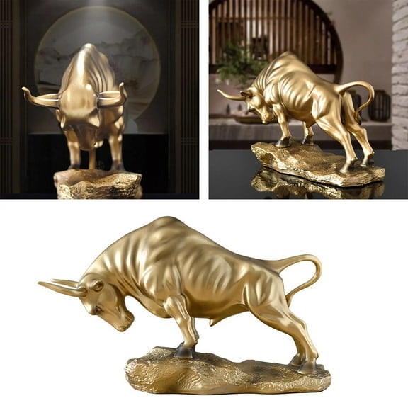 Clearance! Resin Golden Bull Statue 8 Inch High Wall Street Bull Statue Good Luck Desk Decoration Stock Trader Home And Study Decoration Wealth & Power Collectible Figurines