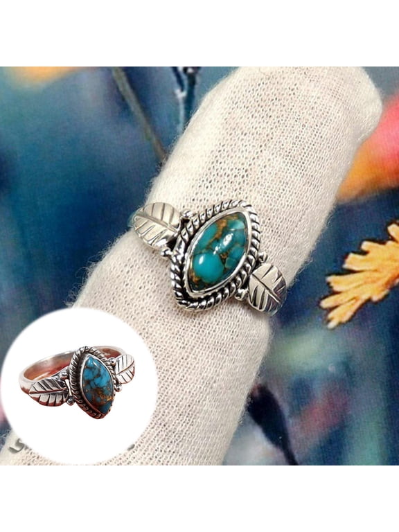 Clearance Rings for Women 925 Sterling Silver Marquise Cut Retro Crack Turquoise Leaf Ring