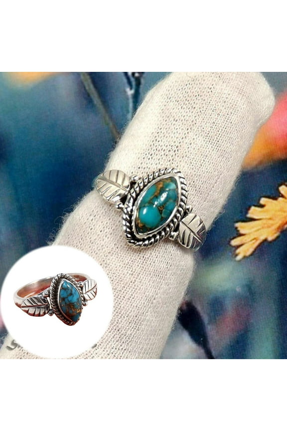 Clearance Rings for Women 925 Sterling Silver Marquise Cut Retro Crack Turquoise Leaf Ring