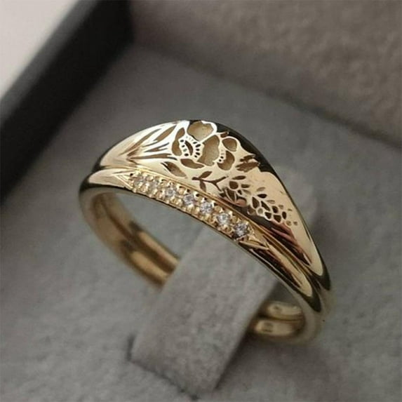 Clearance!Rings for Women Elegant Woman Simple Pure Gold Carved Rose Flower Ring Anniversary Gift size9