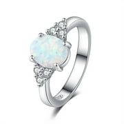 Clearance Rings for Women Oval White Fire Opal Ring 925 Sterling Silver Gemstone Jewelry For Women (Size 10)