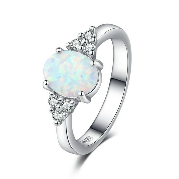 Clearance Rings for Women Oval White Fire Opal Ring 925 Sterling Silver Gemstone Jewelry For Women (Size 7)