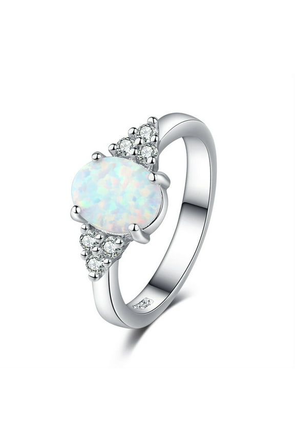 Clearance Rings for Women Oval White Fire Opal Ring 925 Sterling Silver Gemstone Jewelry For Women (Size 7)