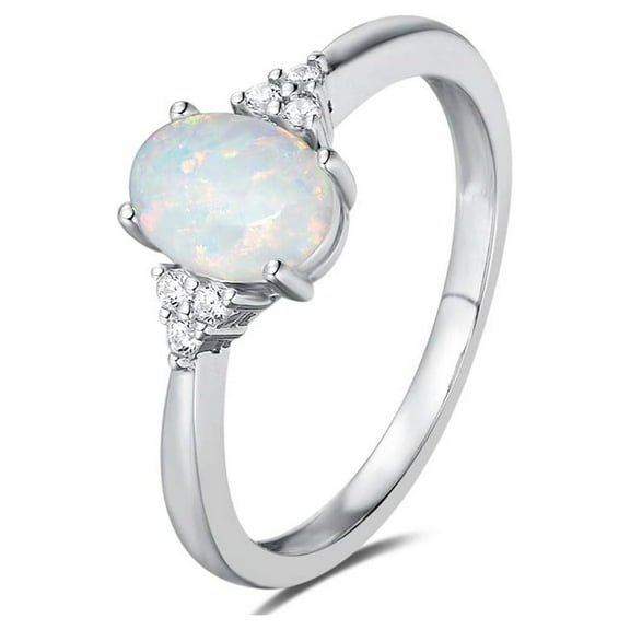 Clearance Rings for Women Oval White Fire Opal Ring 925 Sterling Silver Gemstone Jewelry For Women (Size 8)