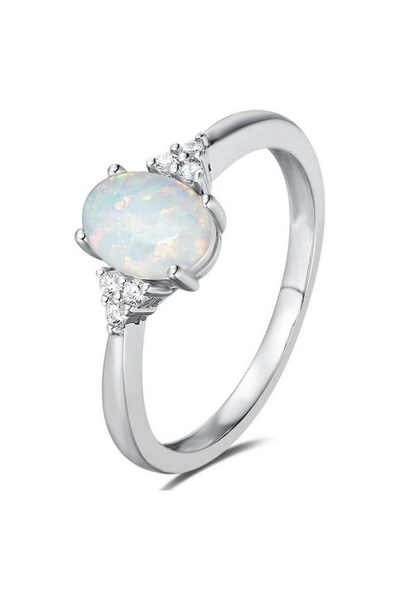 Clearance Rings for Women Oval White Fire Opal Ring 925 Sterling Silver Gemstone Jewelry For Women (Size 9)