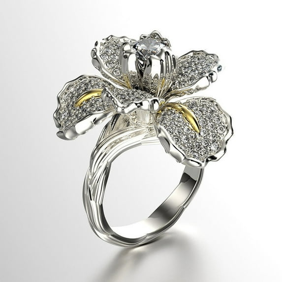 Clearance Rings for Women Women's Micro Pave Full Diamond Iris Two-Tone Blue Topaz Flower Ring