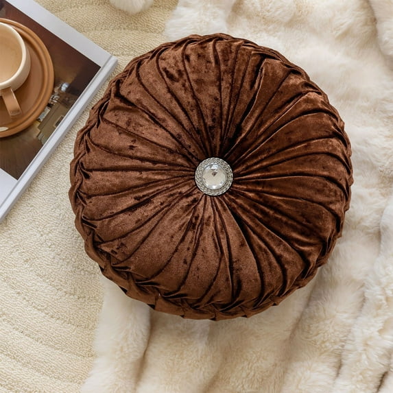 Clearance! Round Throw Pillow Velvet Home Decoration Pleated Round Pillow Cushion for Couch Chair Bed Car 13.7x13.7inches Coffee