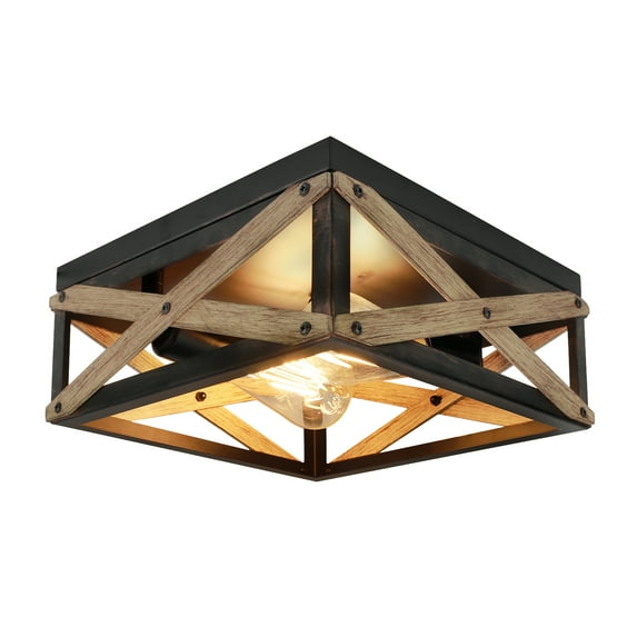 【Clearance】!Rustic Flush Mount Ceiling Light Fixture, Farmhouse Light Fixtures Ceiling Two Light Metal and Wood Square Industrial Ceiling Lighting Fixtures for Farmhouse Bedroom Kitchen Balcony