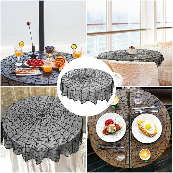 SDJMa 50-Inch Black Spider Lace Table Topper Cloth, Round Polyester Halloween Tablecloth for Halloween Table Decorations