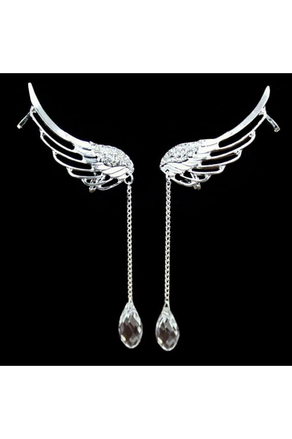 Angel Wing Silver Plated Crystal Tassel Chain Drop Ear Cuff Stud Rhinestone Dangle Clip Earrings for Women