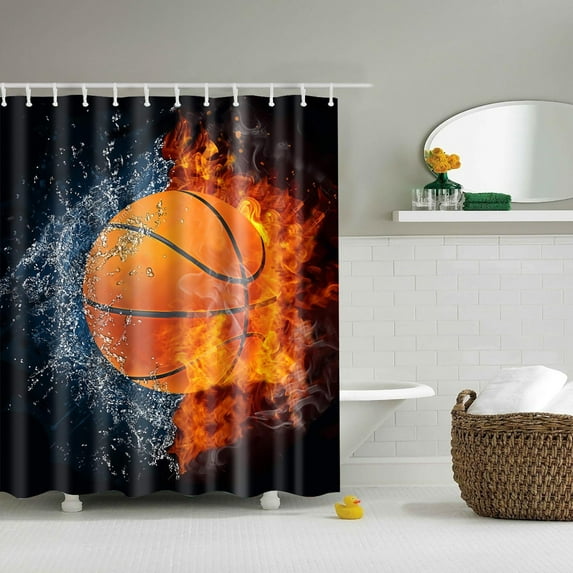 SDJMa Basketball Fire Flame Splashing Black and White Theme Fabric Boys Shower Curtain Sets Kids Bathroom Sports Decor Collection Waterproof Washable (65W x 72H)