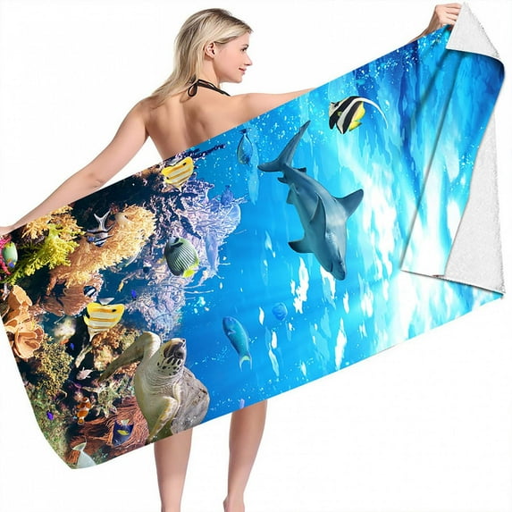 SDJMa Beach Towel,Beautiful Underwater World Shark Coral Print Soft Highly Absorbent Large Decorative Hand Towels Multipurpose for Bathroom, Hotel, Gym and Spa 30”x60”