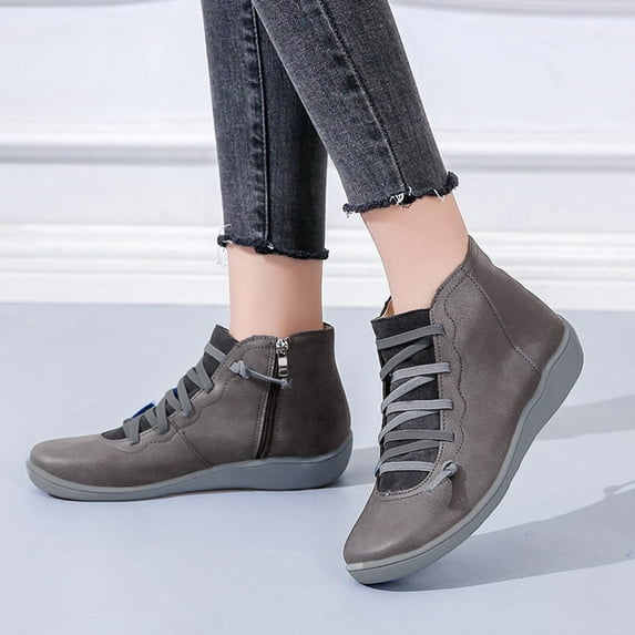 SDJMa Boots for Women Winter Casual Leather Lace Up Side Zipper Round Toe Retro Booties Comfort Ankle Flat Snow Boots