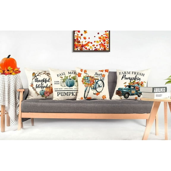 SDJMa Fall Decor Pillow Covers 18x18 Set of 4 Pumpkin Farmhouse Decorations Pumpkin Maple Farm Truck Throw Cushion Case for Fall Thanksgiving Home Decorative Pillows