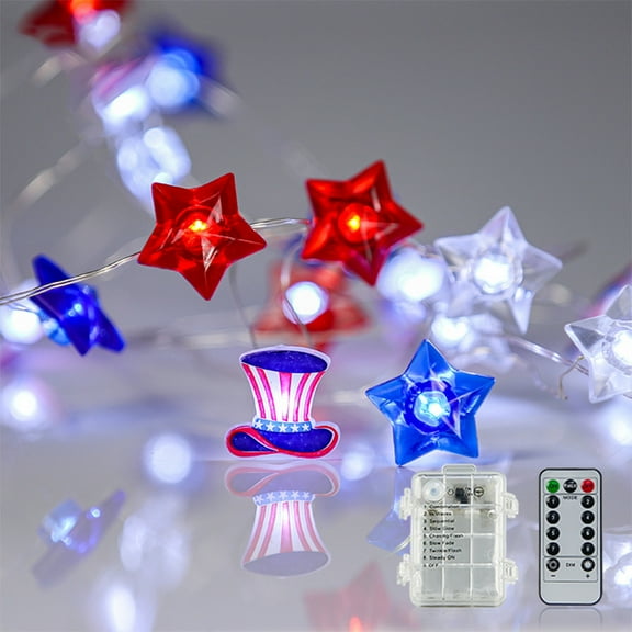 SDJMa Independence Day American Flag Stars Hat String Lights, 4th of July Red White Blue Light 10ft 30 LEDs with Remote, Battery Powered, Patriotic Decor for Memorial Day Presidents Day