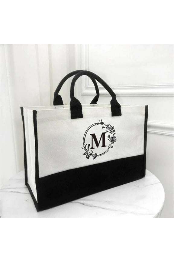 Initial Printed Canvas Tote Bag, Personalized Shoulder Handbag with Inner Zipper Pocket & Cotton Handle, Open Beach Bag for Vacation, Present Bag for Wedding, Birthday, Holiday