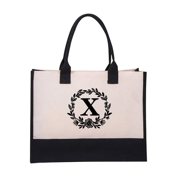 SDJMa Initial Printed Canvas Tote Bag, Personalized Shoulder Handbag with Inner Zipper Pocket, Open Beach Bag for Vacation, Present Bag for Wedding, Birthday, Holiday
