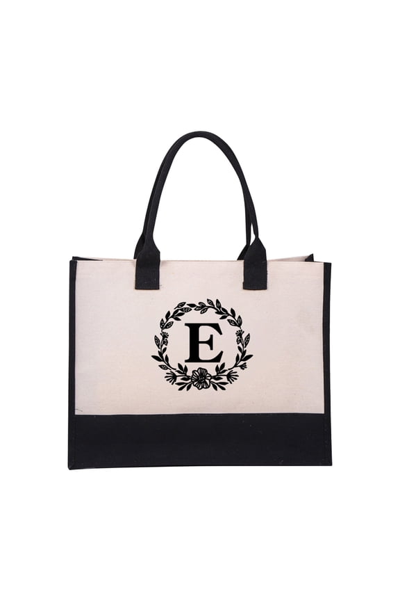 Initial Printed Canvas Tote Bag, Personalized Shoulder Handbag with Inner Zipper Pocket, Open Beach Bag for Vacation, Present Bag for Wedding, Birthday, Holiday