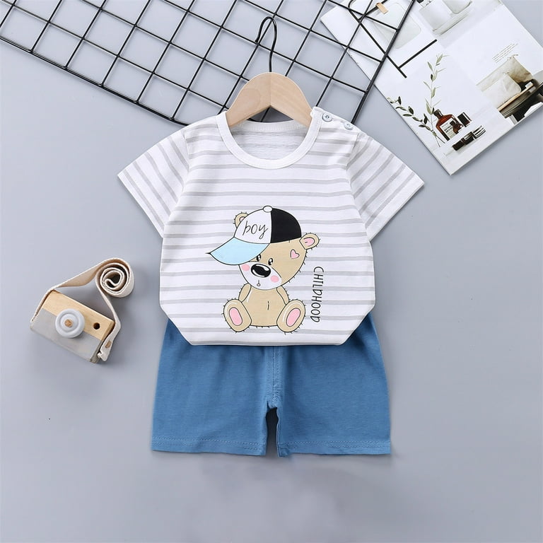 Clearance! SDJMa Toddler Baby Boy Girl Summer Outfits Cute Cartoon T-shirt  + Striped Casual Pants Infant Baby Unisex Clothes