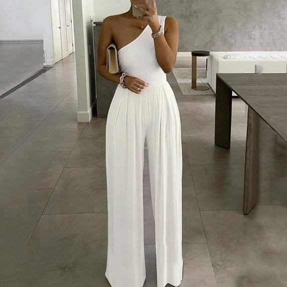 SEMPAI Womens Fashion Wide Leg Pants Polka Striped Printed One-shoulder Jumpsuits Valentine's Day