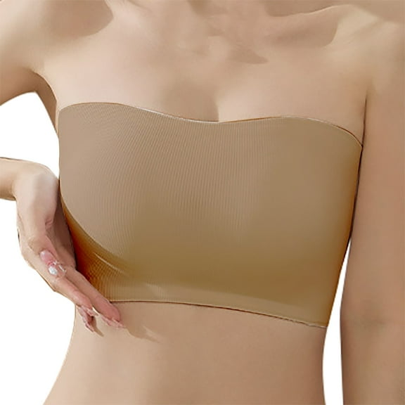 SNOWSONG Backless Tops,Strapless Bra Women's Strapless Bra Stretch Wireless Breathable Bra Anti-skid Plunge Bra,Tube Top with Built in Bra,Wireless Bras for Women Khaki M