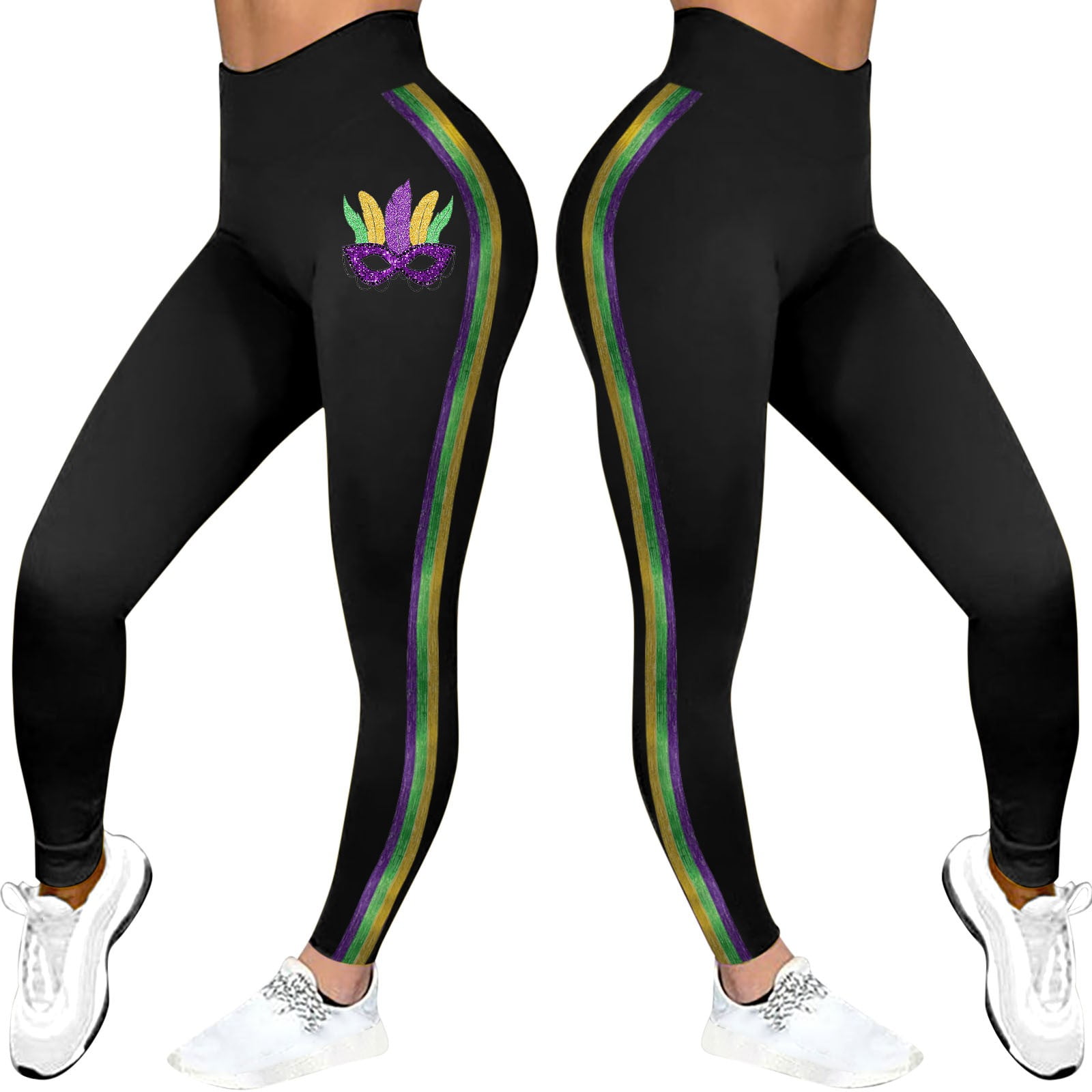 Tipsy Elves Women's Black Beaded Mardi Gras Leggings - Purple & Gold Design, 95% Polyester 5% Spandex, Machine Wash - View #6