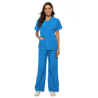 Clearance! SNOWSONG Trousers Suits for Women, Unisex Short Sleeve V-Neck Top + Trousers Nursing Work Uniform Two Piece Set with Pockets Blue L