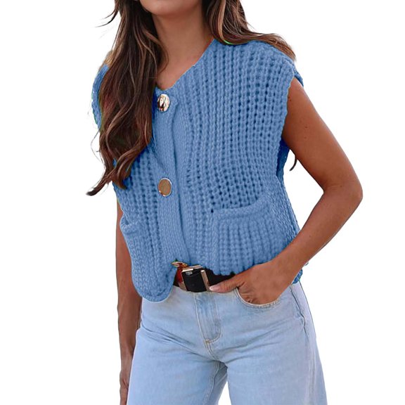 SNOWSONG Womens Vest Top TrendyWomen's Autumn Sweater Solid Color Loose Casual Thick Knitted Cardigan, Crochet Vest, Sleeveless Cardigans for Women, Knit Sweater Blue M