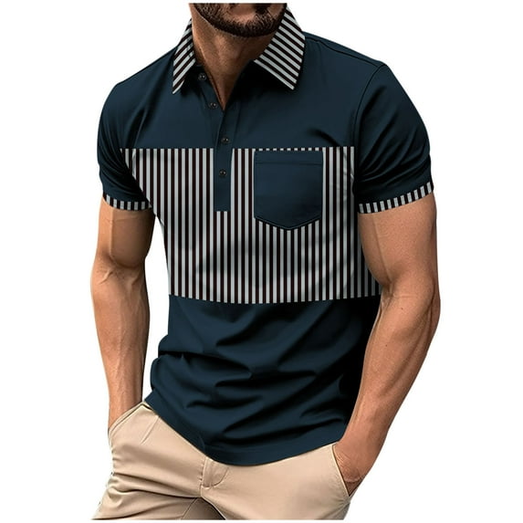 Clearance SSAAVKUY Men's Polo Shirts Short Sleeve 2025 Casual Polo T-Shirts Color Block Slim Fit Golf Polo Shirt with Pocket Navy M