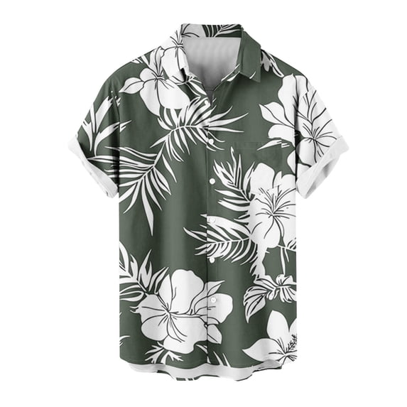 Clearance SSAAVKUY Mens Casual Short Sleeve Button Up Vintage Summer Hawaiian Beach Vacation Shirts Lapel Neck Collared Floral Shirts Army Green S