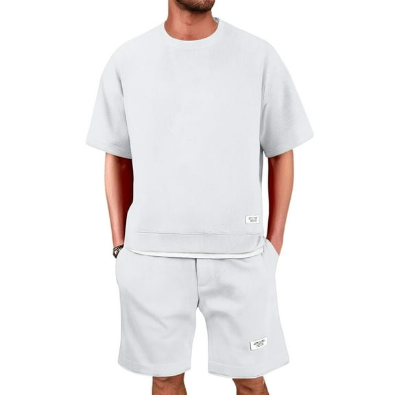 Clearance!SUETCH 2 Piece Sets,Men's Waffle Shirt and Shorts Set 2 Piece Outfits Casual Summer Tracksuits Set,White,XXXL