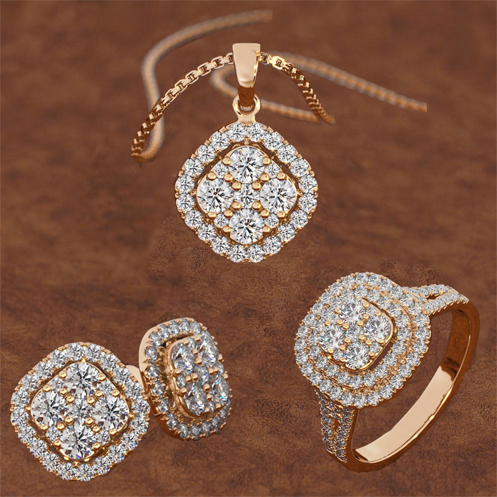 Lab Grown Diamond Square Cluster Ring, Pendant & Earring Jewelry Set