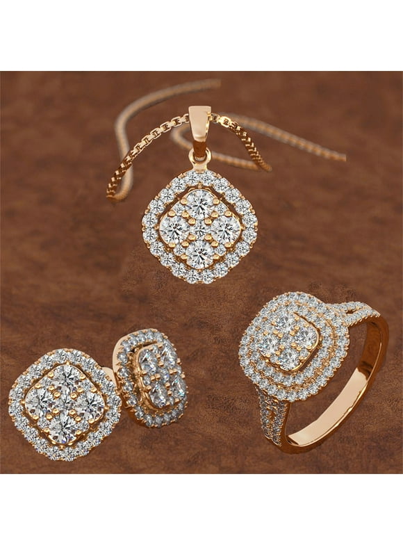 Clearance! SUWHWEA Ladies Fashion Diamond Ring Necklace Earrings Three-piece Set On Clearance