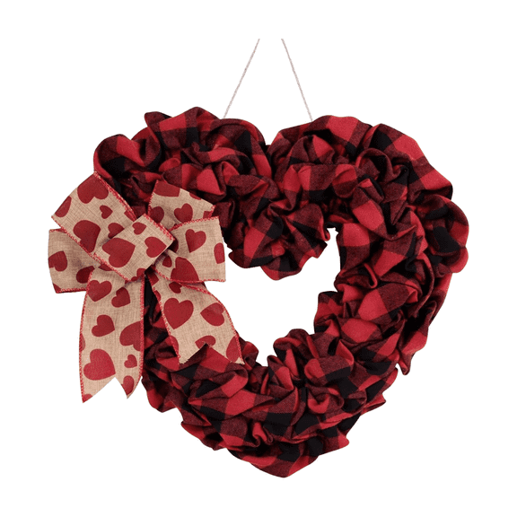 Clearance Sale! 1Pc Christmas Valentine's Day Burlap Heart Shaped Wreath, 15 inches Buffalo Plaid with Bow, Valentine's Day Decor for Front Door Farmhouse Party Supplies
