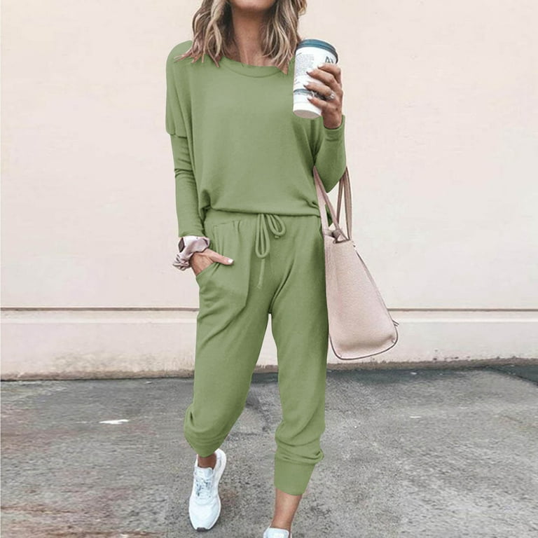 Clearance Sale 2024 Two Piece Outfits for Women Plain Solid Color Sweatsuits  Sets 2 Pieces Drawstring Jogger Sets with Pockets Long Sleeve Jogging Sweat  Suit Tracksuit Loungwear 