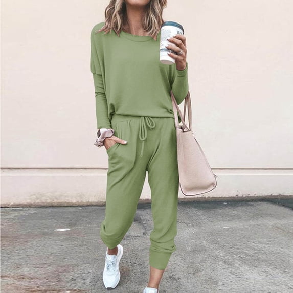 Clearance Sale 2024 Two Piece Outfits for Women Plain Solid Color Sweatsuits Sets 2 Pieces Drawstring Jogger Sets with Pockets Long Sleeve Jogging Sweat Suit Tracksuit Loungwear