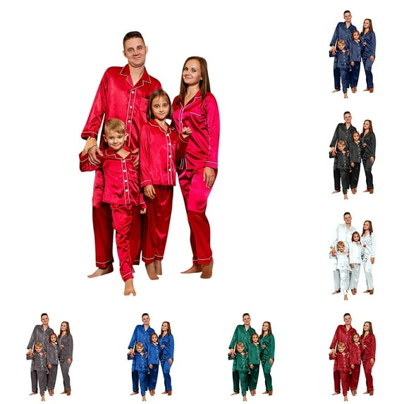 Clearance Sale!! 2025 Family Satin Christmas Pajamas Sets Solid Silk Xmas Pjs Matching Sets Soft Sleepwear for Mens Womens Adults Kids Christmas Satin Pajamas for Family 2 Piece Green1 Mom Size:M