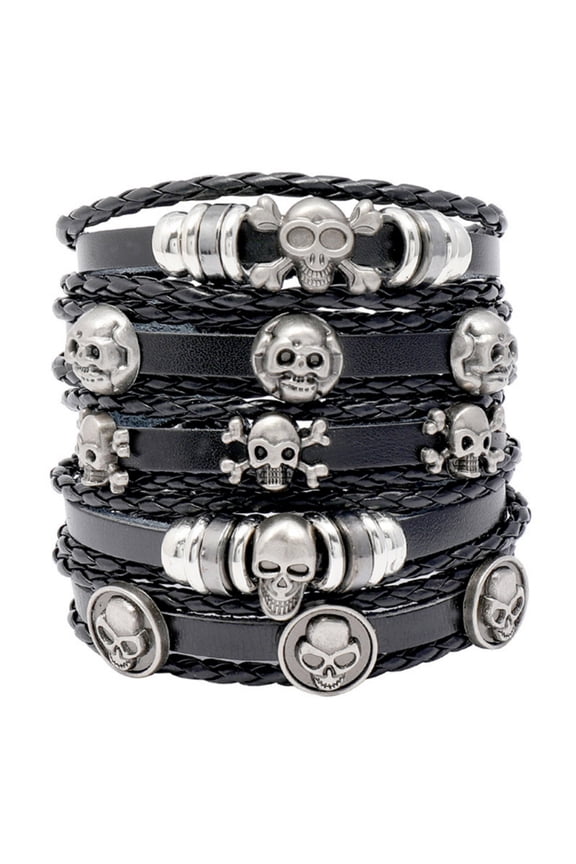 Clearance Sale!5 Pcs Punk Leather Bracelet Braided Wide Wristband for Women Men,Adjustable Punk Rock Jewelry Skull Cuff Wrap