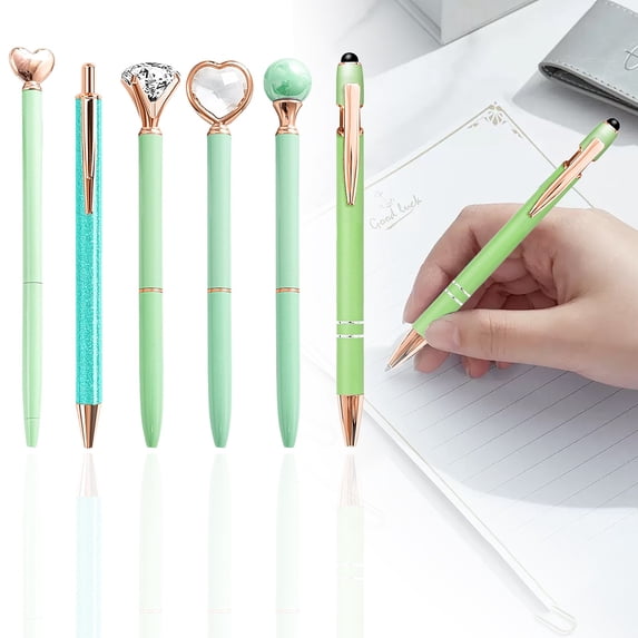 Clearance Sale! 6PCS Diamond Ballpoint Pen Set, Retractable Sparkly Pens for Writing & Gifting, Plastic, for Office & Home, (14cm, Green)