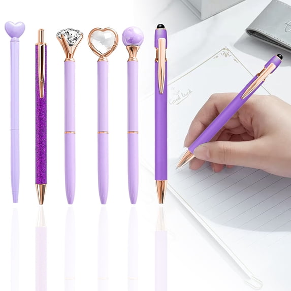 Clearance Sale! 6PCS Diamond Ballpoint Pen Set, Retractable Sparkly Pens for Writing & Gifting, Plastic, for Office & Home, (14cm, Purple)