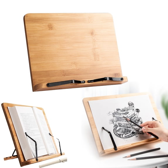 Clearance Sale Adjustable Bamboo Book Stand, Foldable & Sturdy, with Page Clips, for Cookbooks, Tablets, Sheet Music & Drawing