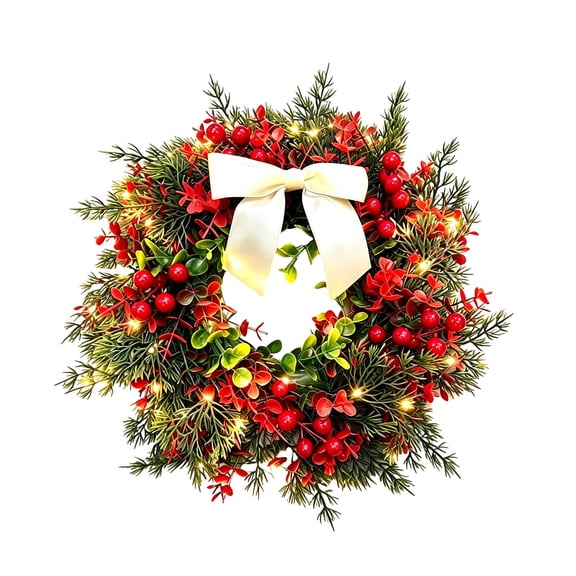 Clearance Sale | Artificial Christmas Wreath with Warm LED Light and Red Berry for Front Door Wall Porch Home Decor
