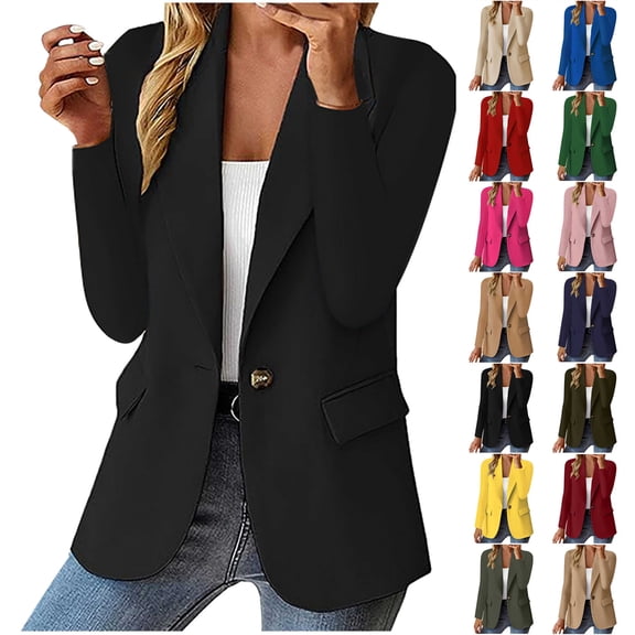 Clearance Sale, BiZtdJrK Women's Business Blazer Casual Lapel Open Front Outerwear Lightweight Fake Pocket Suit Jackets Solid Office Work Cardigans Navy S